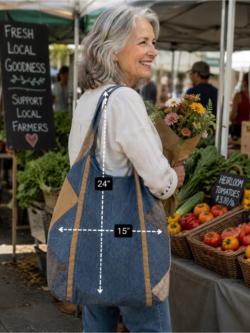 Upcycled Denim-Style Patchwork Tote Bag in Blue and Tan